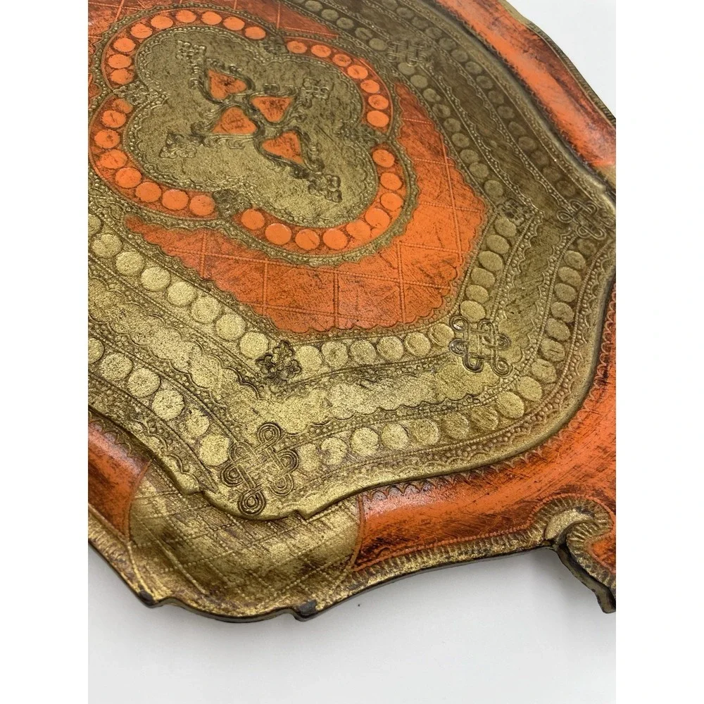 Vintage Italian‎ Florentine Gilt Toleware Orange Gold 14x20 Handled Tray Italy
